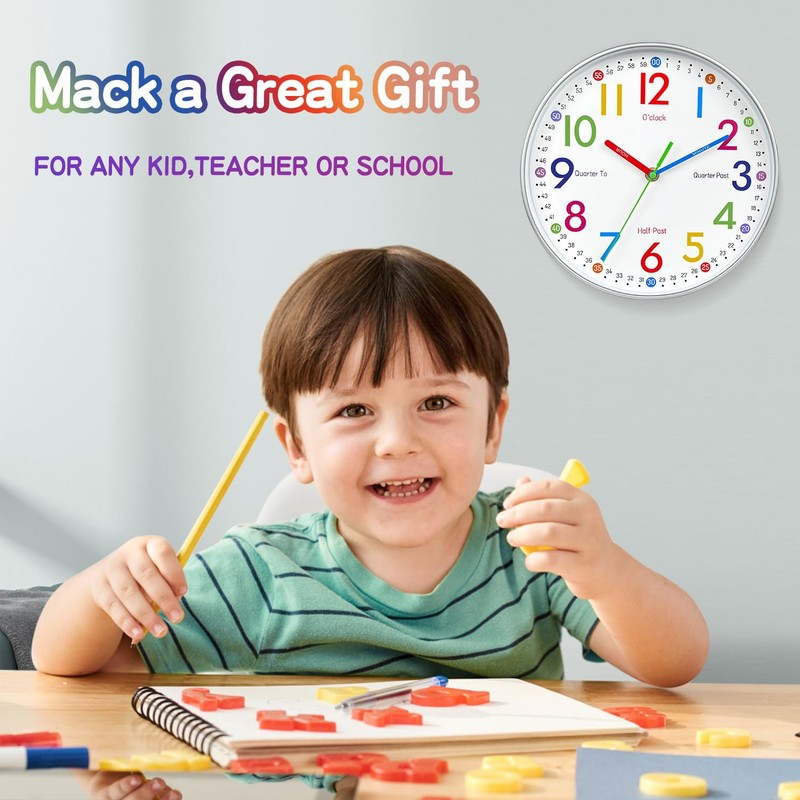 Teaching Clock For , Silent Non Ticking, Learn To Tell Time, White gallery