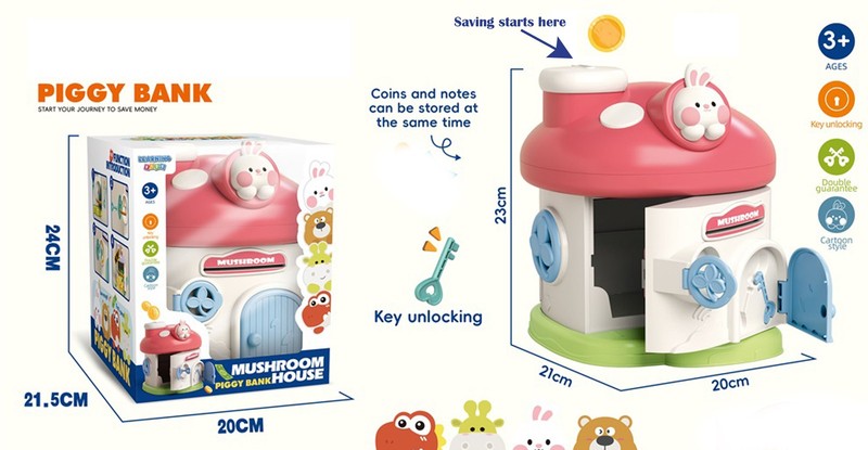 Whimsical Mushroom House Piggy Bank Unique Gift with 2 Keys and Lock