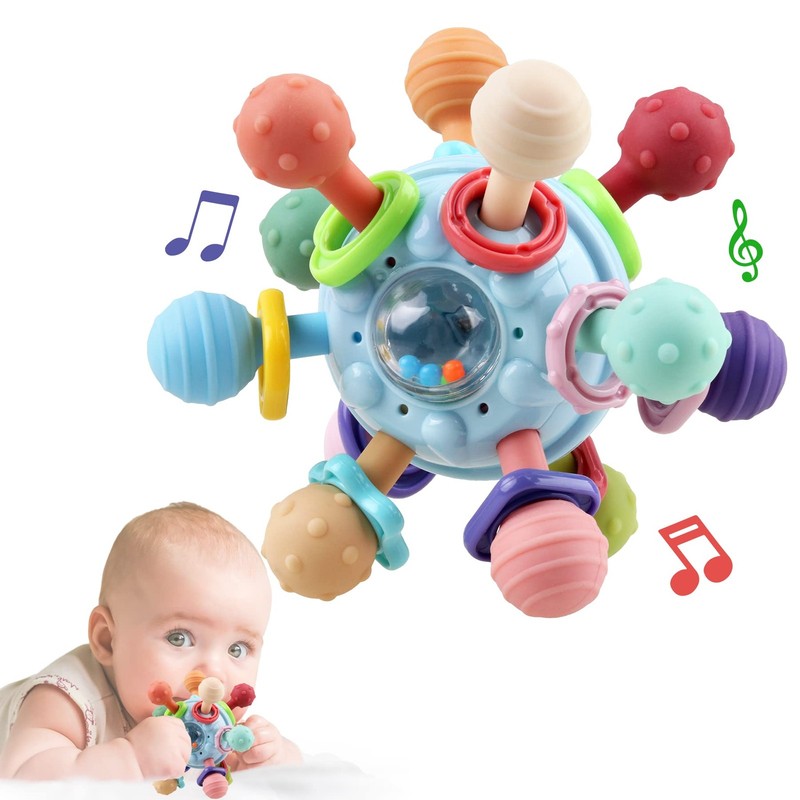 Baby Sensory Teething Toys – Teether & Rattle – Gifts for Infant Blue