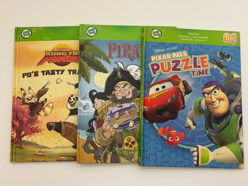 Lot of 3 LeapFrog Tag Books – Pixar Pals Puzzle Time, Pirates!, Kung Fu Panda