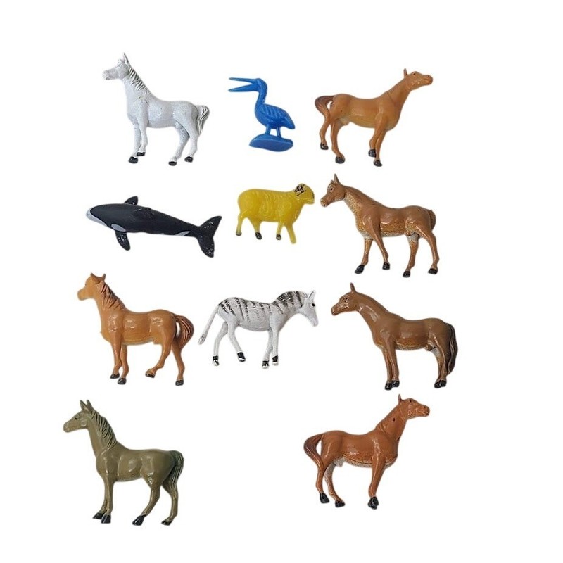 Lot of 11 2″ Plastic Toy Animals Horses Shark Zebra Pelican Sheep Mixed Set