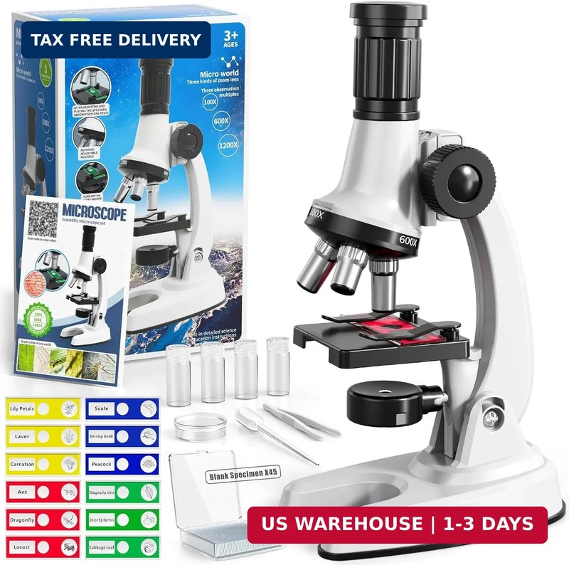 65 Pieces Microscope Kit for Kids Ages 5-7 8-13, 100X-1200X Magnification with 7