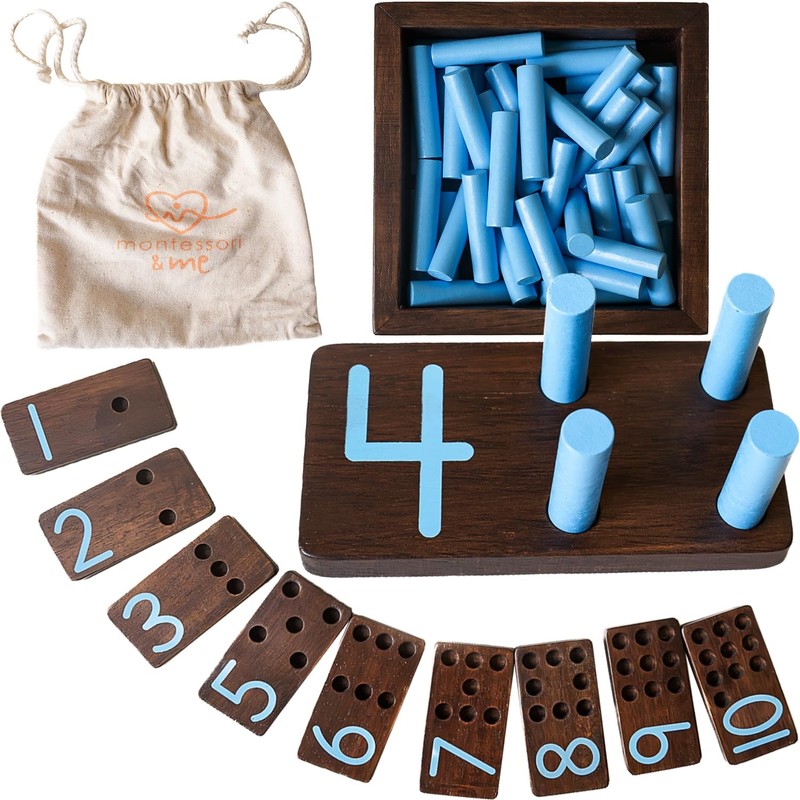 Counting Peg Board Montessori Math Numbers Kids Wooden Manipulatives Dark Walnut
