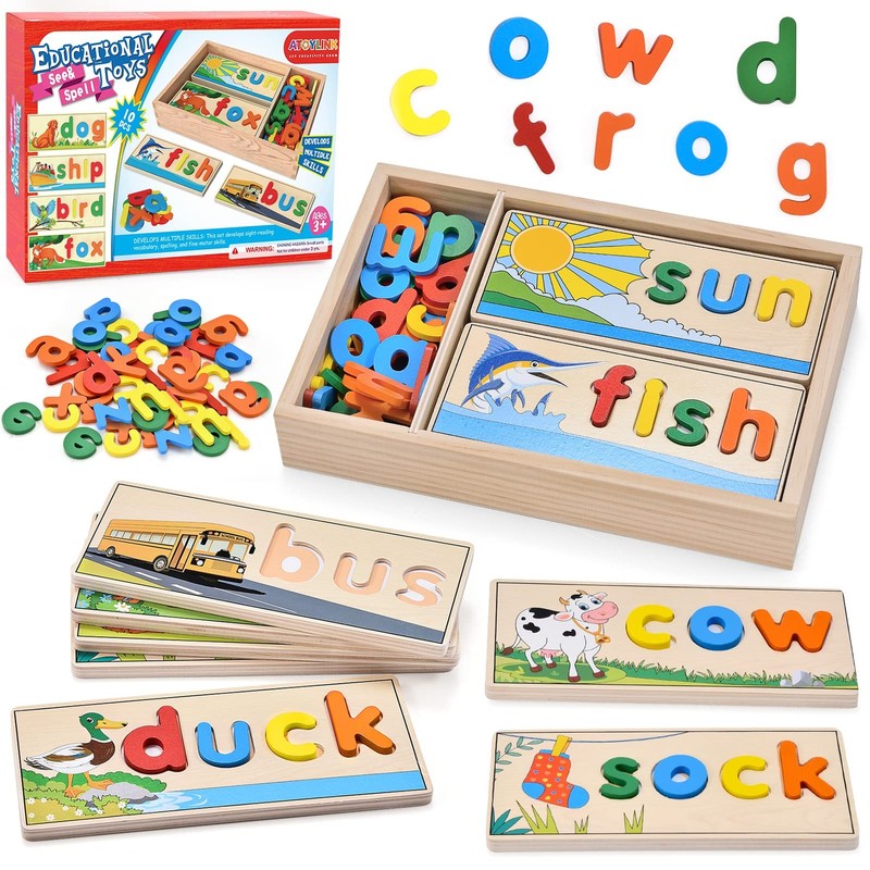 Wooden Spell Learning Toys for 2 3 4 5 Year Old Kids Match Letter Spelling Ga…