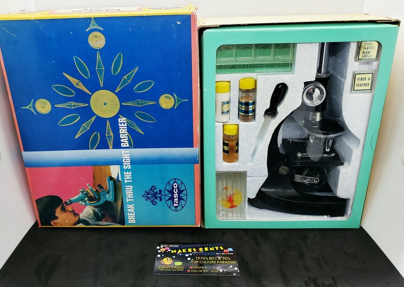 1970s Vintage Tasco Deluxe Zoom Microscope Kit w/ Specimen Samples Slides & Box