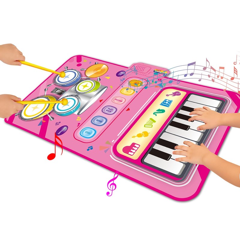 Toys for 1 Year Old Girl Gift,2 in 1 Piano Mat Montessori Large, Pink