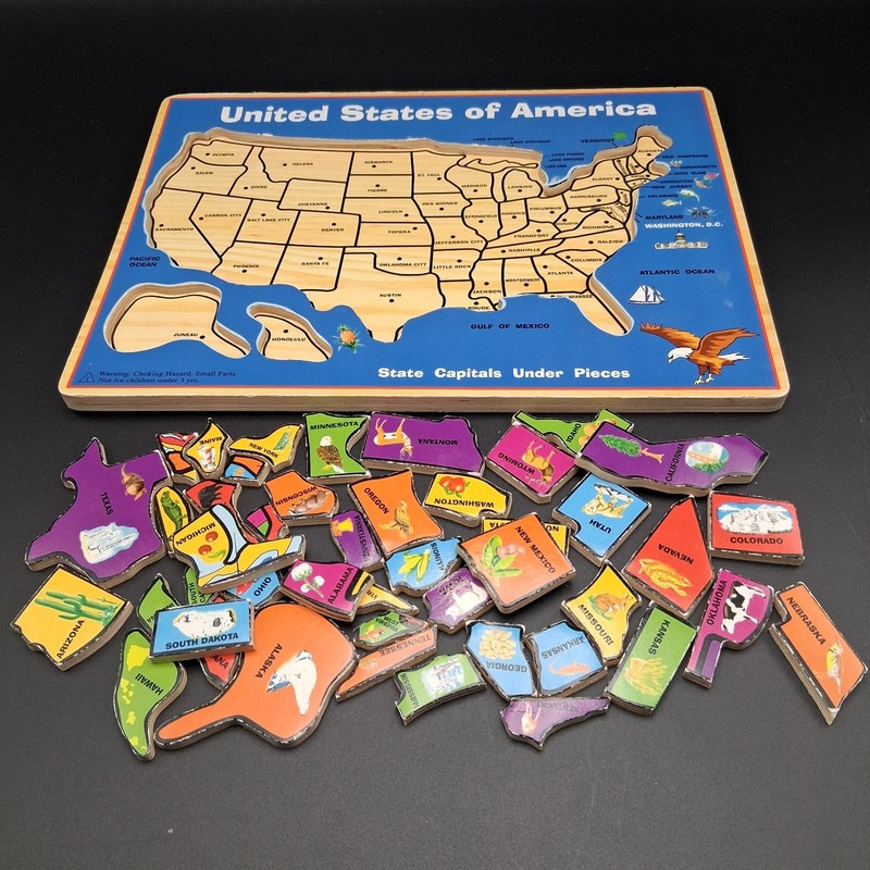 USA Map Puzzle Geography Wooden State Pieces Capitals Under Kids Learning Toy