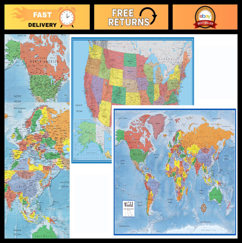24×36 Classic 3D World & USA Wall Map Set – Laminated Educational Decor