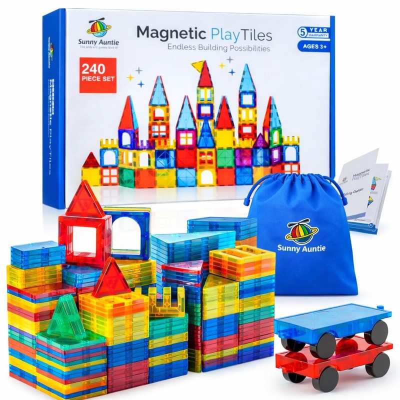 SUNNY AUNTIE Magnetic Tiles 240 PCS XL Set with Storage Bag – Medium