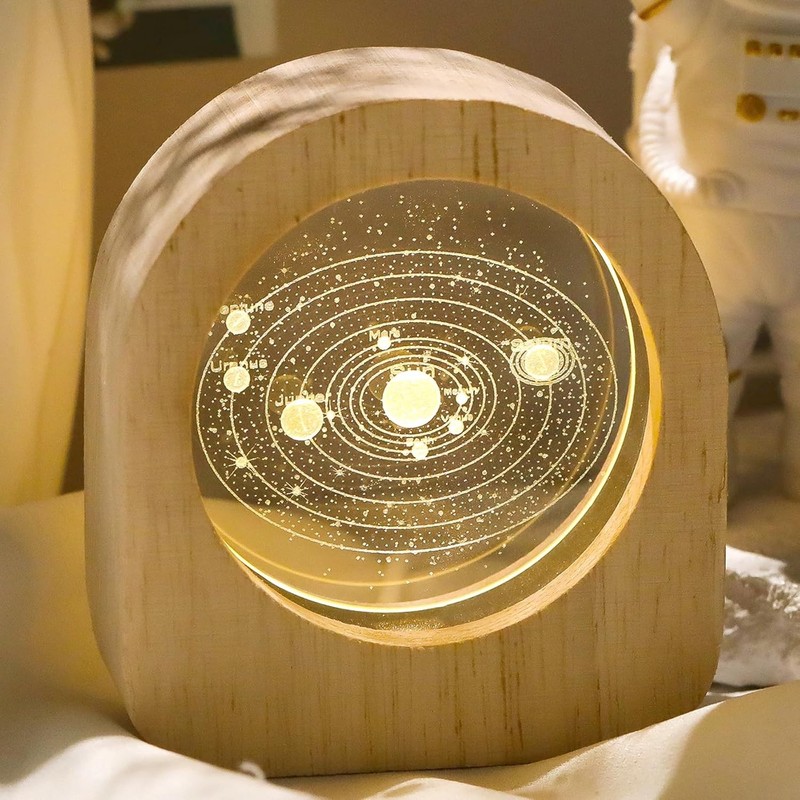3D Solar System Wooden Night Lights Engraving Solar System Star Planet Model, As