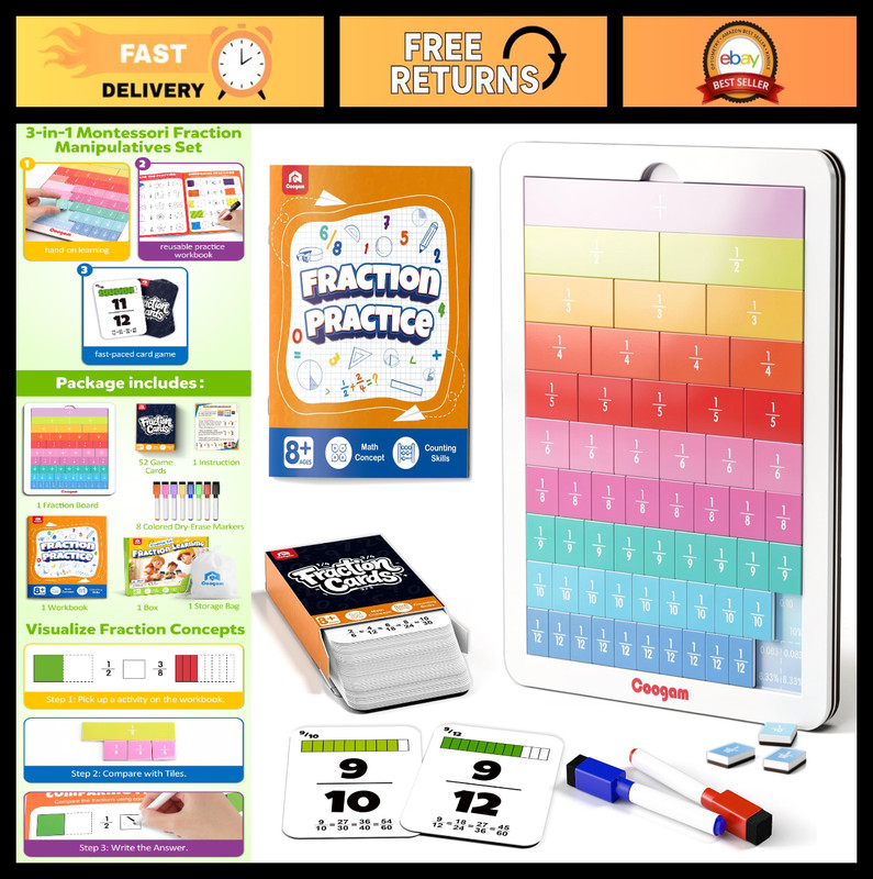 Magnetic Fraction Tiles – Montessori Math Manipulatives for Learning, Grades 2-5