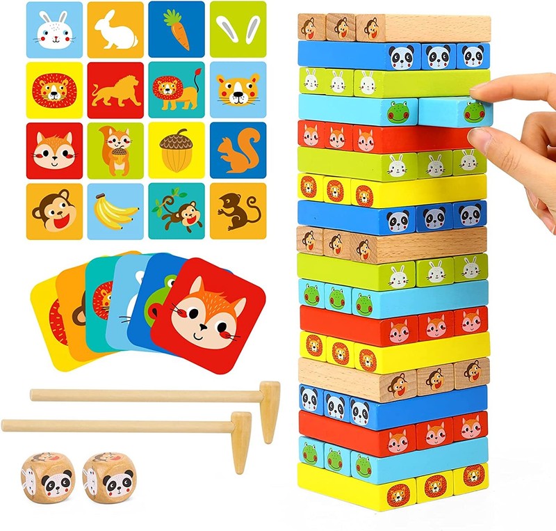 TOOKYLAND Wooden Tumble Tower Game – 82pcs – Stacking Blocks Play Set, Ages 3+