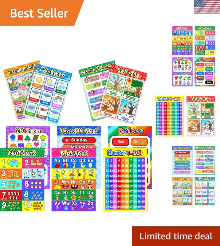 10-Piece Educational Wall Poster Set for Kids – Numbers, Alphabet & Colors