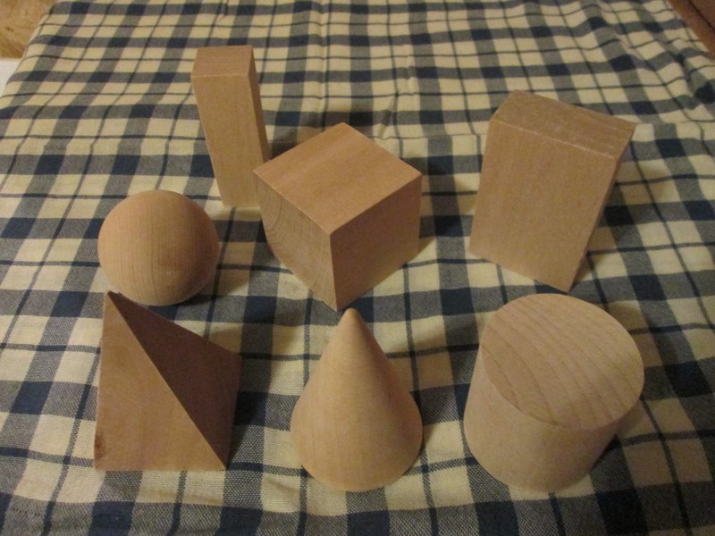 Wooden Set of 7 Geometric Solids NIB Montessori mystery bag Sphere Cylinder Cube