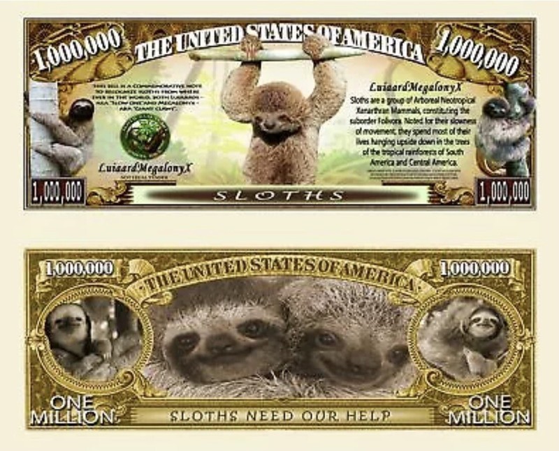 Pack of 25 Sloths Animal Conservation 1 Million Dollar Bills Novelty Money