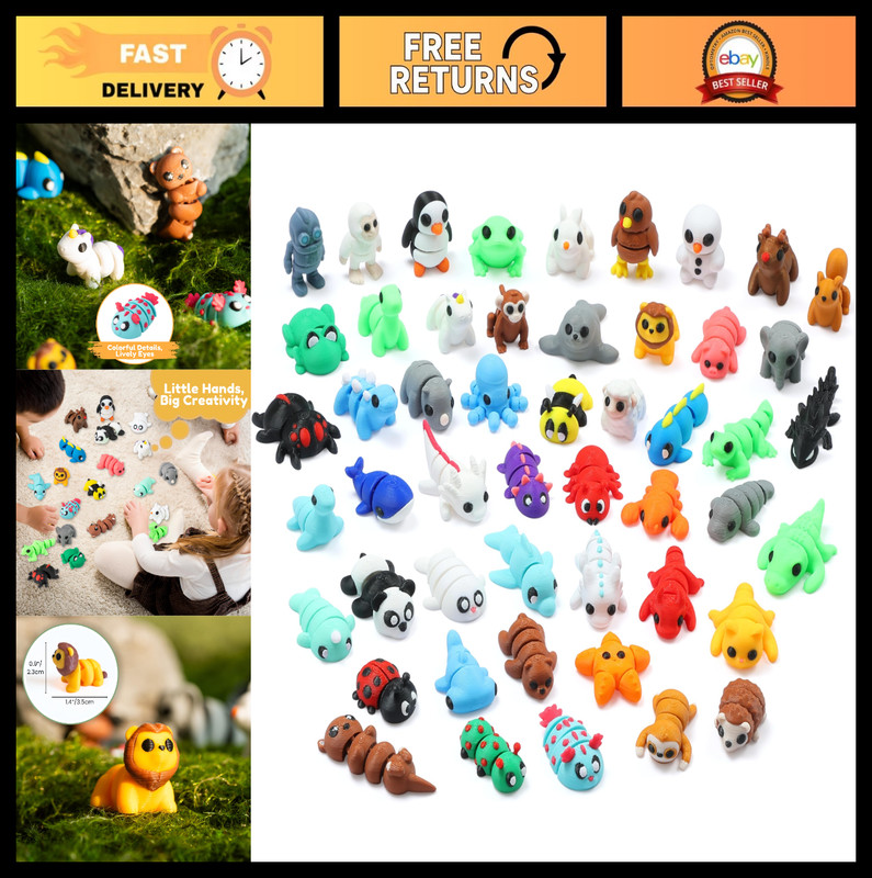 50 pcs Mini 3D Printed Animal Figurines – Articulated Fidget Toys, Cute Desk Dec