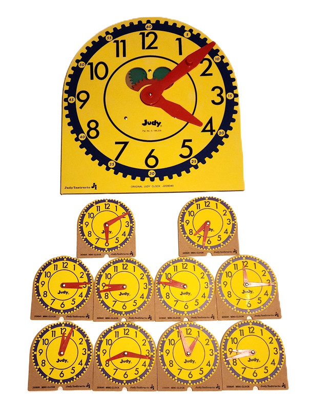 Original Judy Instructo Analog Clock and 10 Mini Clocks Classroom Homeschool