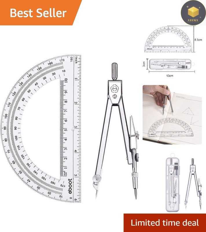 Precision Geometry Math Set: Stainless Steel Compass & 6-Inch Protractor Kit