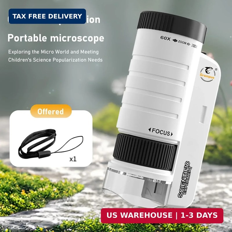 Grampus 60x-200x LED Pocket Microscope Portable Handheld STEM Toy for Kids Adult gallery