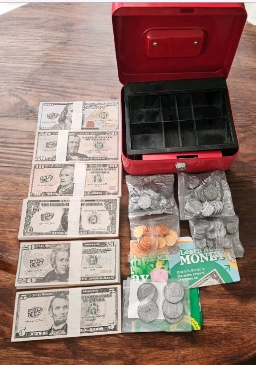 Play Money Number Learning Educational Math Manipulatives Homeschool & Cash Box