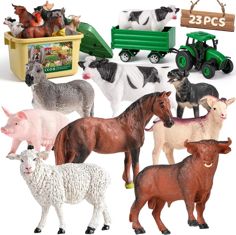 23pcs Farm Animals Figures Playset,Tractor Fence Educational Cow Sheep Figurines