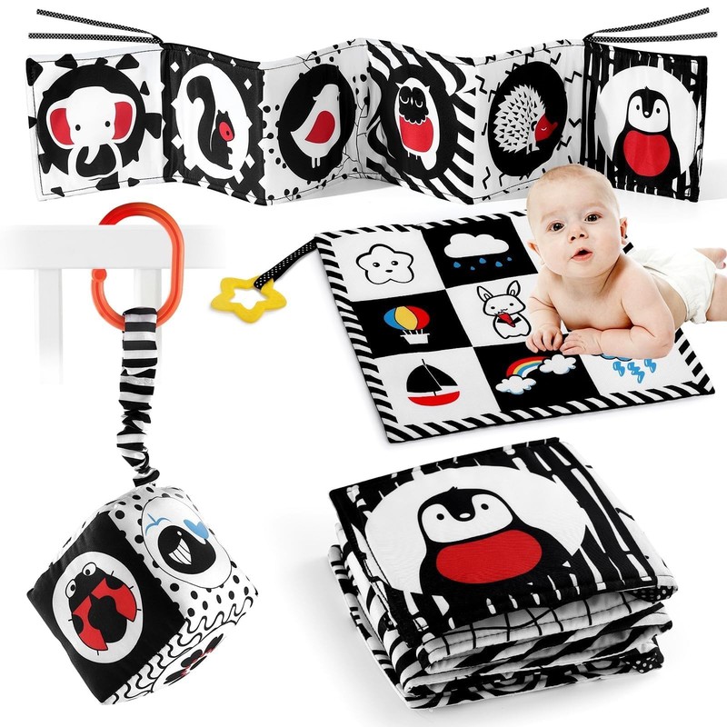 SAMMAS 3 Pcs Black and White High Contrast Baby Toys 0-6 Medium, 3pcs-a