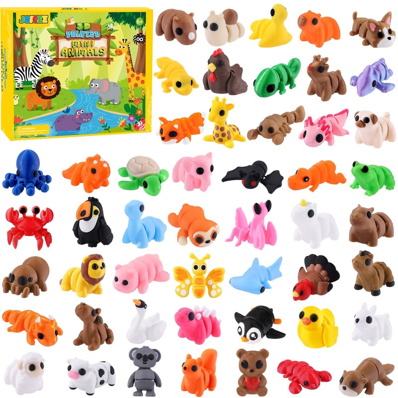 JOICEE 50 Pcs Mini 3D Printed Animal Figurines Set, Articulated Flexible Fidg…