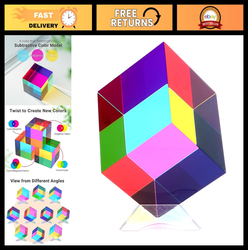 Color Cube Acrylic Prism 2.4" with Stand - Cyan Magenta Yellow - Desk Decor & Co