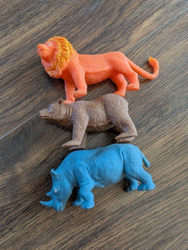 EUC Lot of 3 small 3 – 4 inches Rubber Animal Figurine Toys Lion Bear Rhino