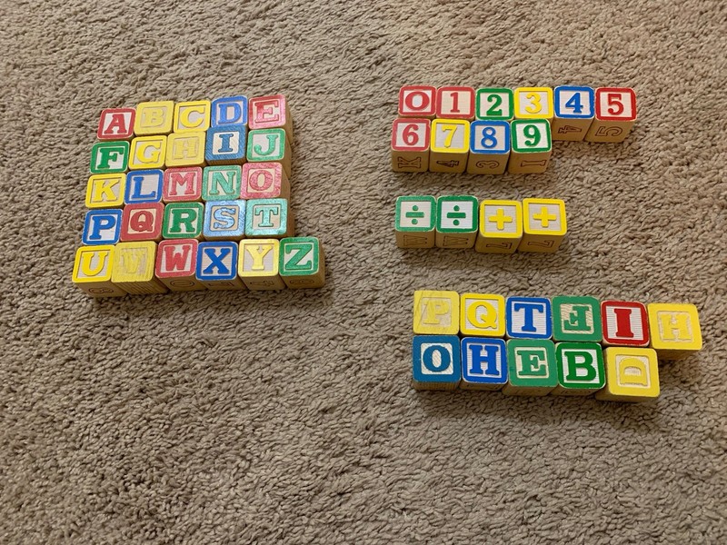 51 Wooden ABC Blocks. Alphabet, Numbers 0-9, Etc.