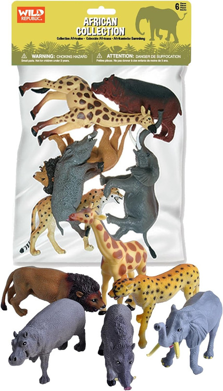African Animals Polybag, Giraffe, Hippo, Lion, Cheetah, Elephant, Warthog, Toy F