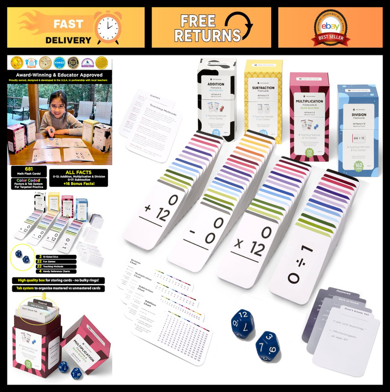 Math Flash Cards Set – 681 Addition, Subtraction, Multiplication & Division Fact