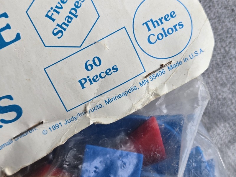 Judy Instructo Attribute Desk Blocks 60 pc 5 Shapes 2 Sizes 3 Colors Vtg NOS NIP gallery