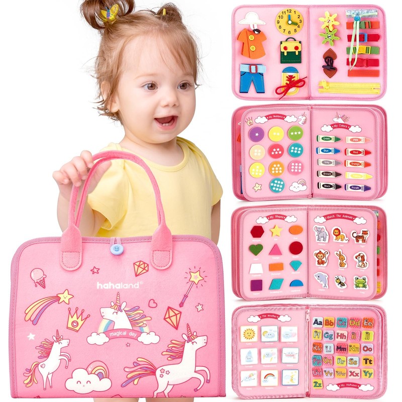 Hahaland Montessori Toddler Busy Board 8 in 1 Educational Toy Pink Medium