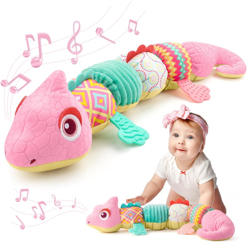 AWOTOY Baby Toys 0-6-12 Months, Musical Stuffed Dinosaur, Pink-Dinosaur