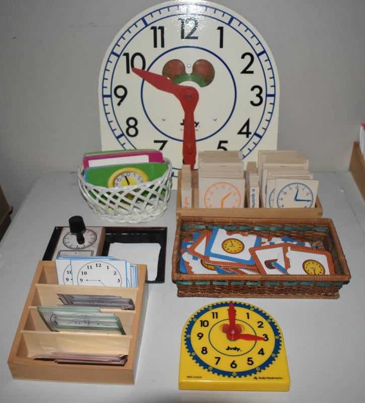 Montessori Time Telling Bundle Judy Clocks Wooden Matching Cards Stamp Tray Set