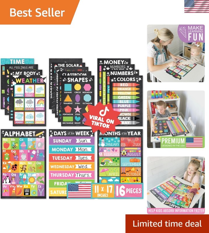 Vibrant 16-Pack Learning Posters for Ages 3-5 – Fun Classroom & Home Decor