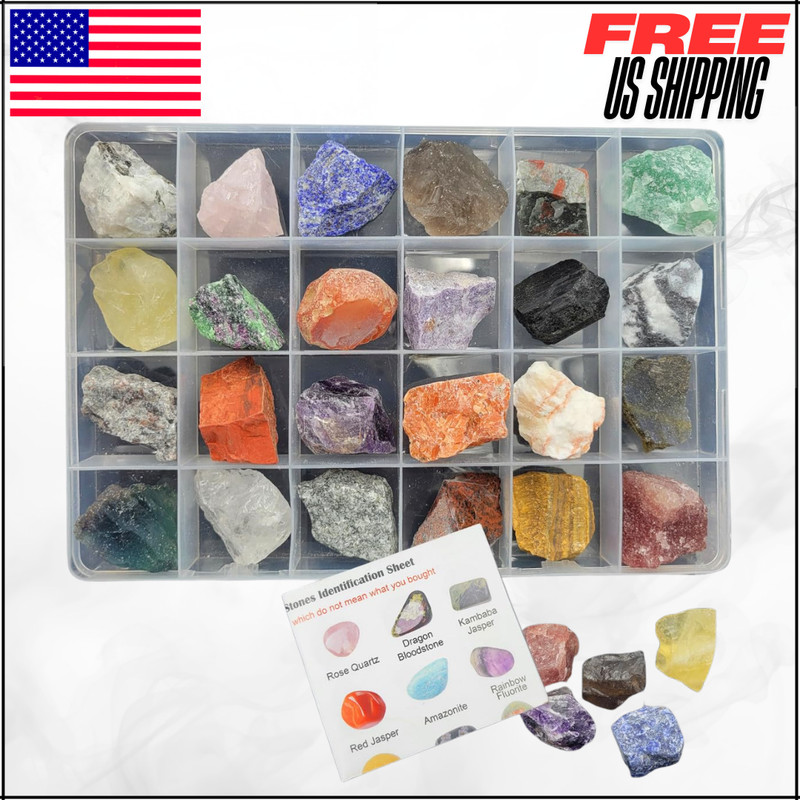 Rock & Mineral Collection Kit Natural Gemstone Raw Crystals Rough Stones 24PC