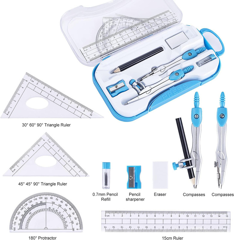 Math Geometry Kit Set 10 Pieces with Shatterproof Storage Box, Student Supplies gallery