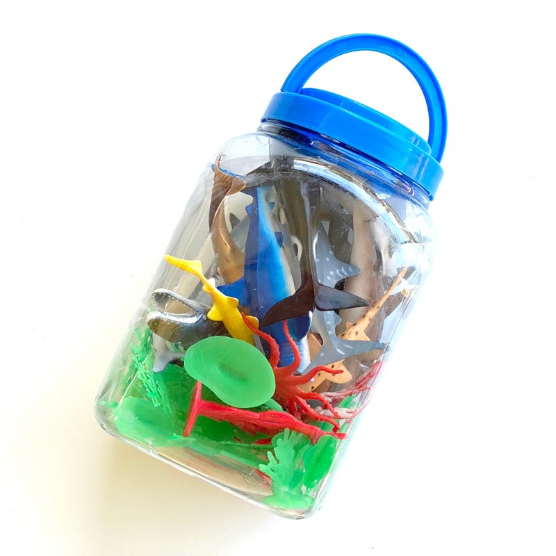 42 Pc Ocean Sea Animal Bath Toy Set Sharks Whale Turtle Coral with Storage Jar