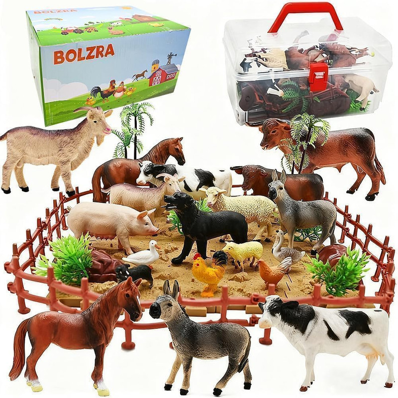 Farm Animal Figurines, Realistic Plastic Animals Toys with Fences Building Block