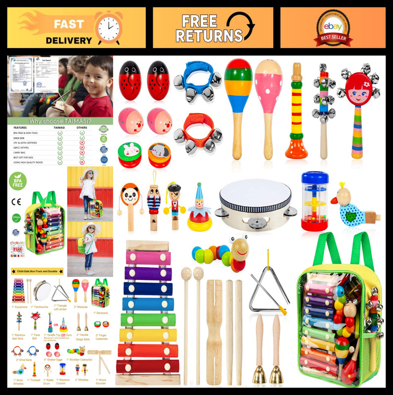 33Pcs Kids Wooden Musical Instruments Set – Percussion Tambourine Xylophone Toys