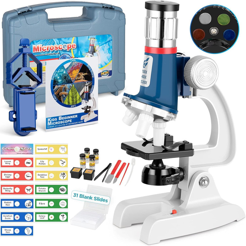 Kids Microscope Kit – 58 Pieces, 100X-1200X Magnification, LED Light