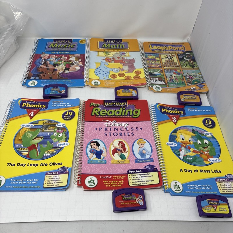LeapFrog LeapPad Books & Cartridges Lot of 6 Phonics Math Disney Music Vintage